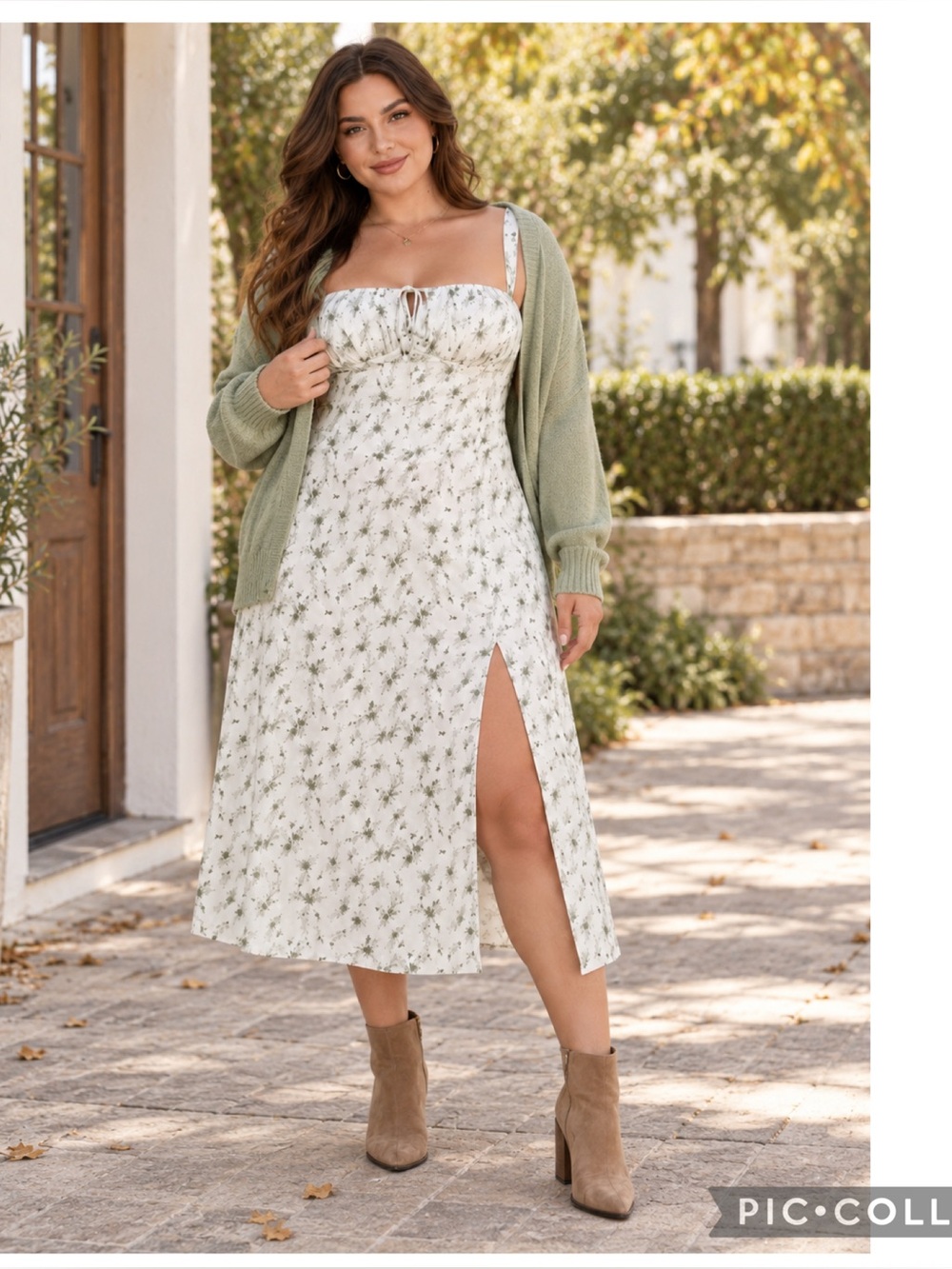 Luxveer Floral Midi Dress Size L Front Slit Green White NWT